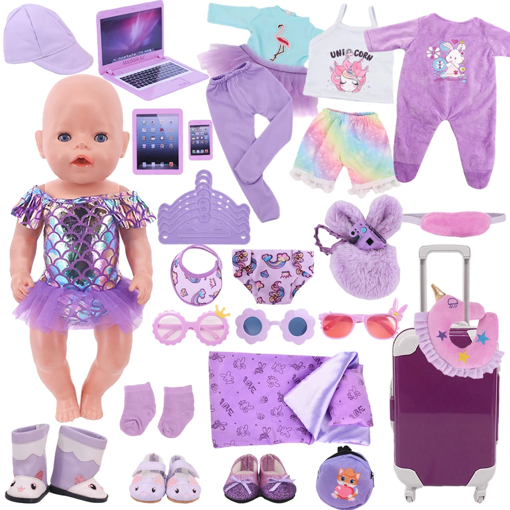 Doll Clothes,Shoes,Suitcase Suit Cute Flamingo Purple Sleepi