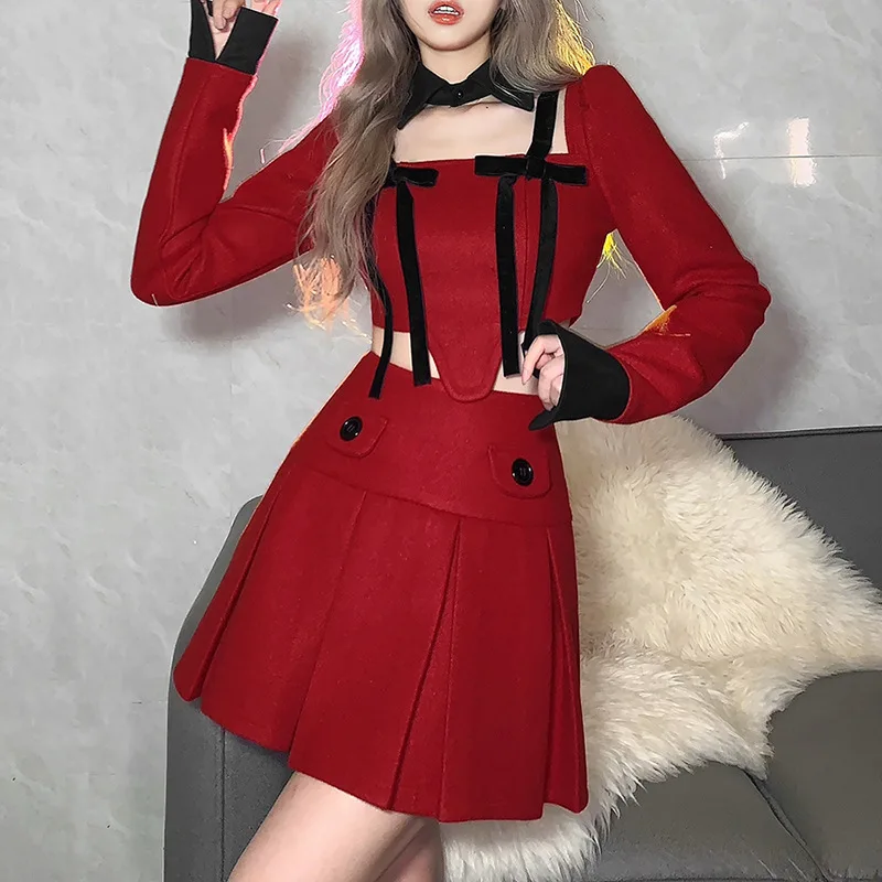 

Женские топы с бантом разных цветов, плиссированные юбки с высокой талией, праздничный костюм для вечеринки, 2 шт.