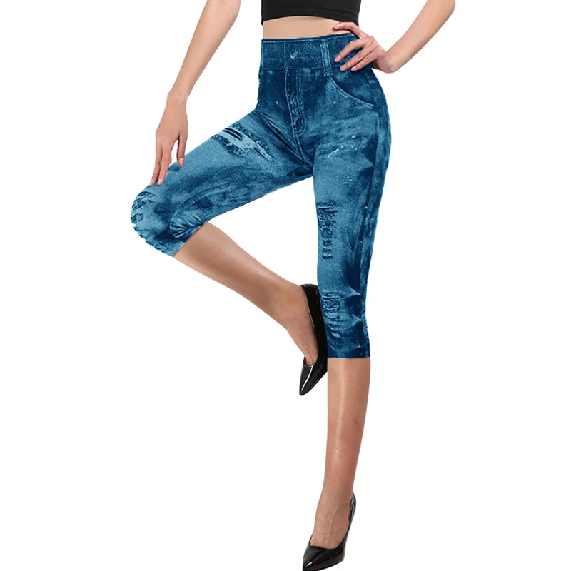 blue-2 Sfit женские леггинсы для спортзала, искусственная лосины из джинсовой ткани, леггинсы с карманами и принтом, повседневные узкие брюки с высокой талией, большие размеры, штаны для йоги - Цвет: blue-2