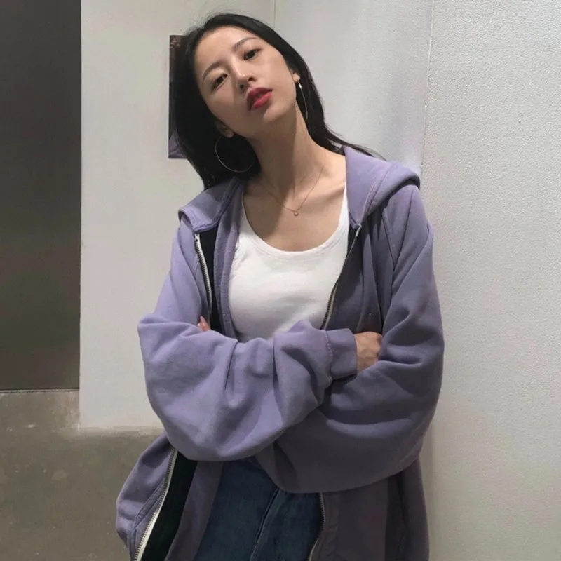 

Zip Up Women Hoodie 2021 Spring Korean Long Sleeve Purple Sweetshirts Loose Casual Jacket Harajuku Hoodies Chic Female Clothing