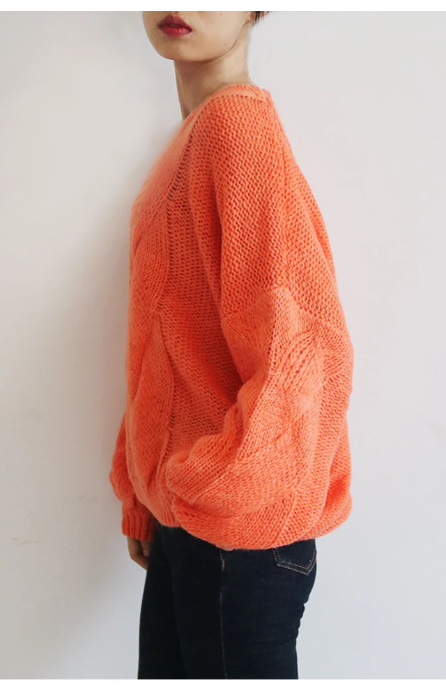 Women Mohair Pullover Sweater Lazy Wind Cable Knit 2019 Autumn Winter Lantern Sleeve Orange Oversized Jumper | Женская одежда