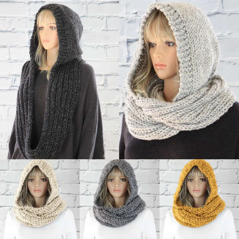

Женский зимний шарф с капюшоном, плотный теплый шерстяной Круглый вязаный шарф унисекс, шарфы, шейный платок, аксессуары для одежды, 1 шт.