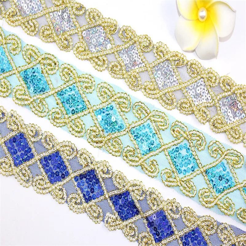 Оптовая продажа 15 ярдов/партия золотые блестки кружевная лента Женский текстиль