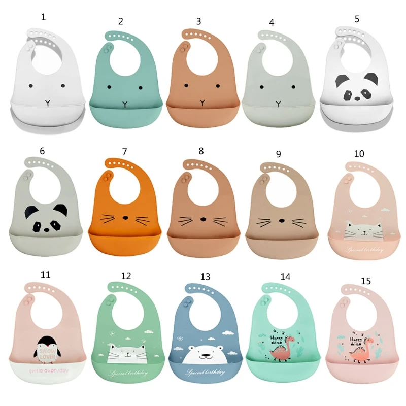 Baberos impermeables de silicona suave con dibujos animados para beb&eacute;, ajustable, receptor de comida para ni&ntilde;o peque&ntilde;o, delantales enrolladas de bolsillo para alimentaci&oacute;n-1