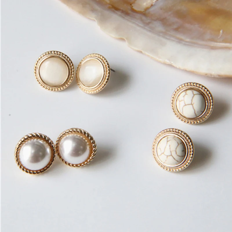 Модные большие серьги-гвоздики с мраморным опалом винтажные круглые