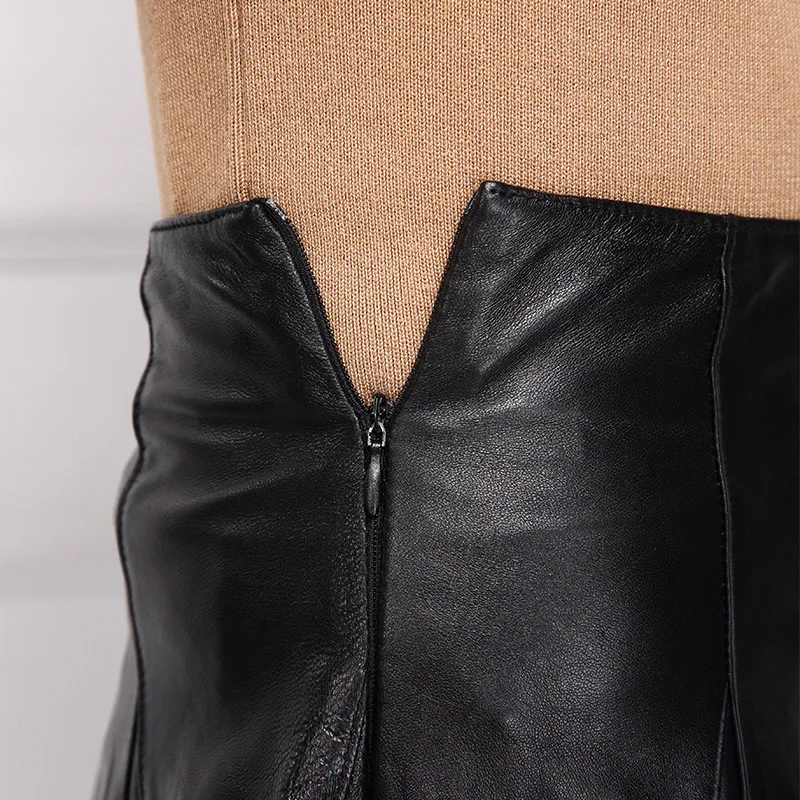 

Top Brand Women Sexy A Line Mni Skirt Zipper High Waist Office Ladies Genuine Leather Faldas Mujer Red Black Club Party Skirts