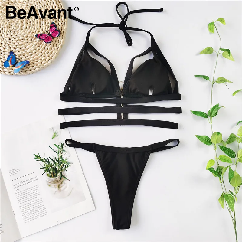 

BeAvant sexy black Triangle bathing suit women summer Zipper hollow out Push up bikini swimwear female Halter sexy Swimming suit