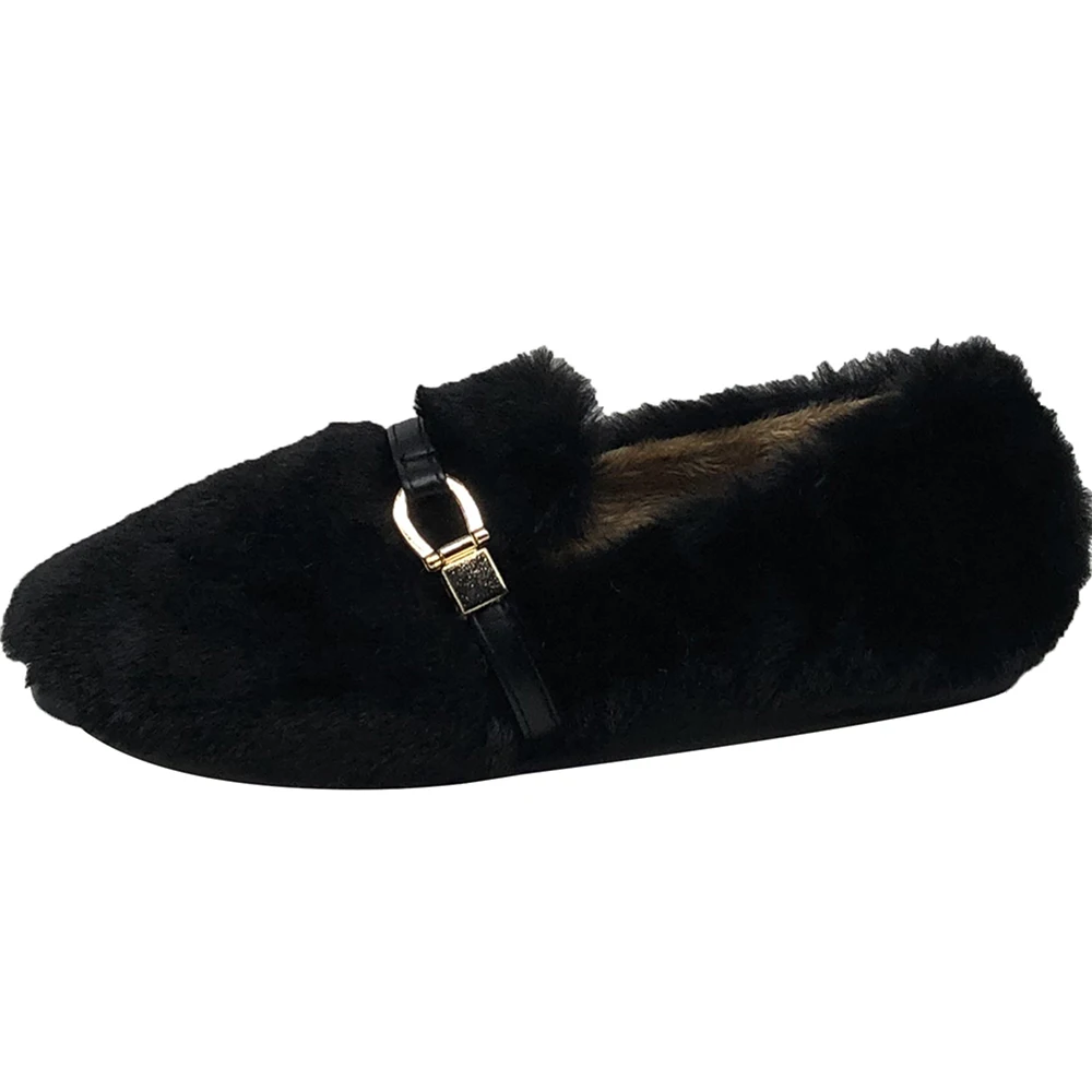 

Elegant Loafers Fur Round Toe Casual Woman Shoe Modis Slip-on Female Footwear New 2021 Winter Comfortable Moccasin Slip On