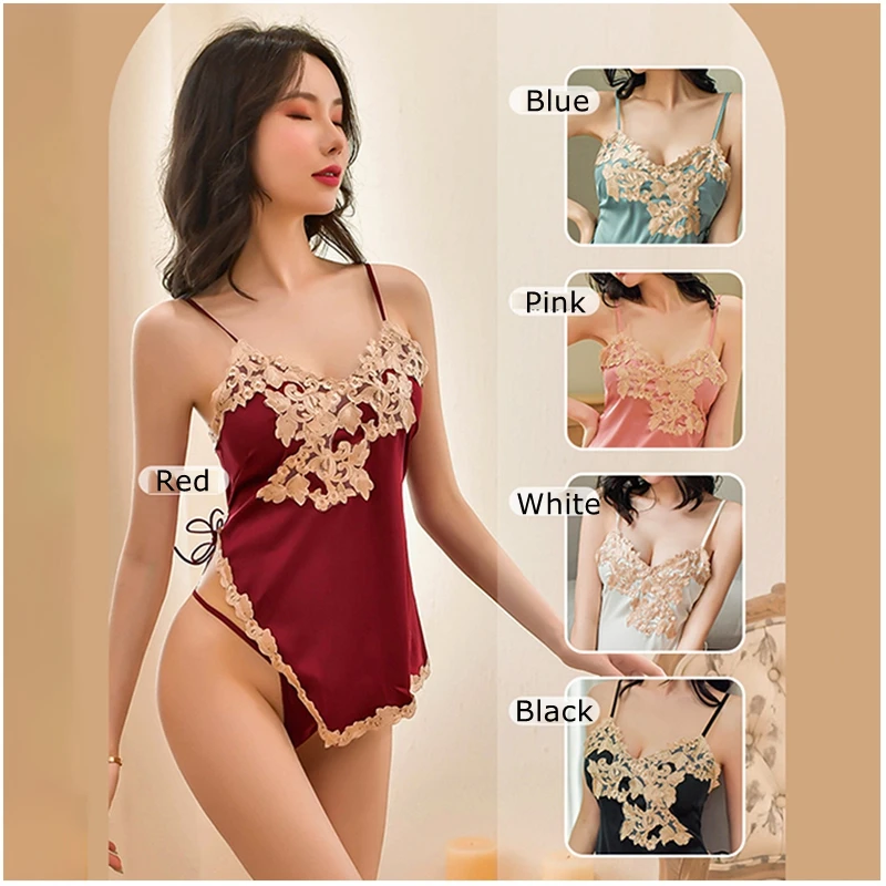 

Women's Erotic Lingerie Sexy Embroidered Ladies Nightdress Ice Silk V-neck Slit Sexy Suspender Skirt Home Cool Pajamas Thong Set