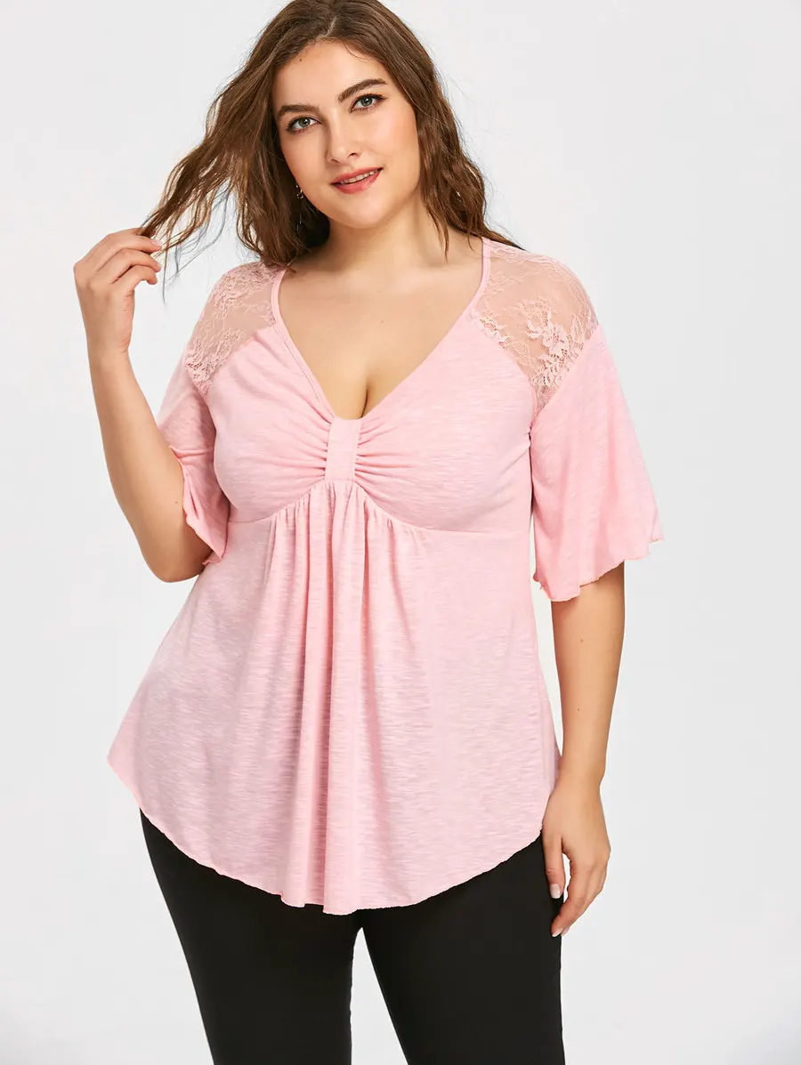 

Big Plus Size XL-5XL WOMENS mesh Sexy Bandage Lace Fashion Summer Casual T shirts TOPS 2020