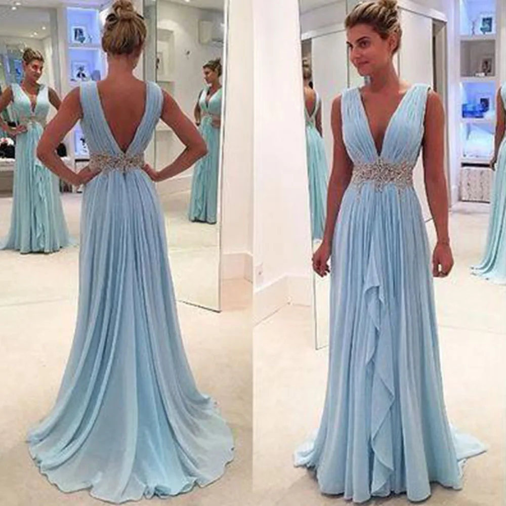 

Charming A-Line Evening Dresses Long 2021 Sexy Chiffon Backless Blue Deep V-Neck Floor-Length Prom Gown Bead Vestidos De Fiesta