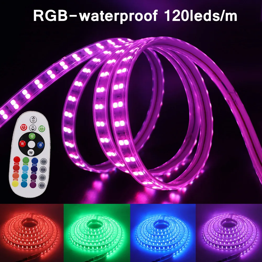 5050 RGB LED Strip Light AC 220V Waterproof + 24Key Remote Double Row 120LEDs/m Led Tape Rope For Home Decoration | Лампы и освещение