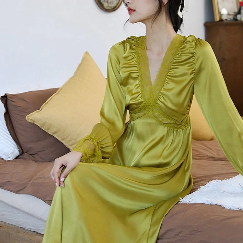 QWEEK Sexy Nightgowns Sleepwear Women V-neck Flared Sleeves Solid Color Nightdress Nightshirts Home Clothes Vestidos De Noche