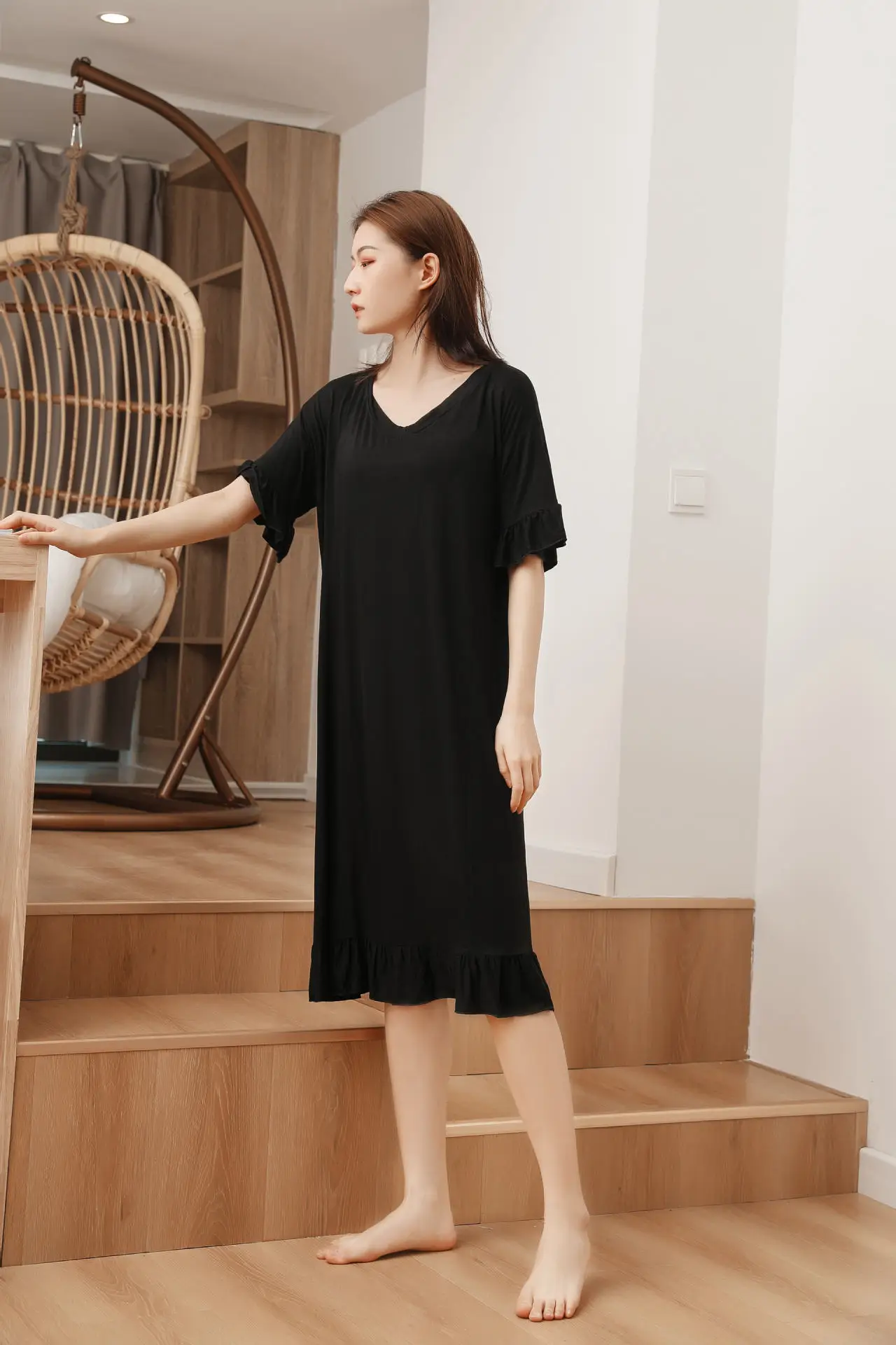 2021New Summer Modale Women's Nightdress V-neck Dress Women's Korean Thin Solid Medium Length Knee Nightgown Home Wear Sleepwear