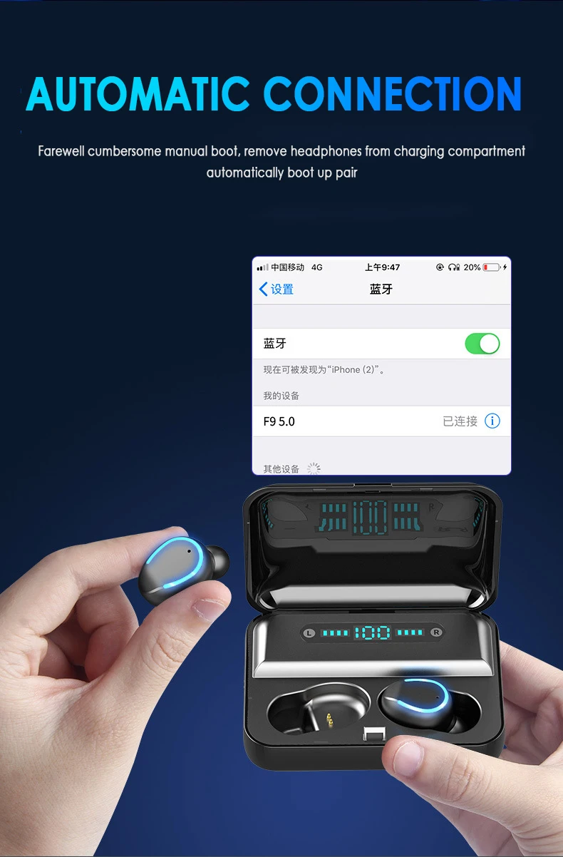 Mr NEW TWS F9-5, беспроводной светодиодный дисплей, гарнитура, Bluetooth V5.0, наушники, стерео наушники, наушники с микрофоном, 2000 мА/ч, Powerbank
