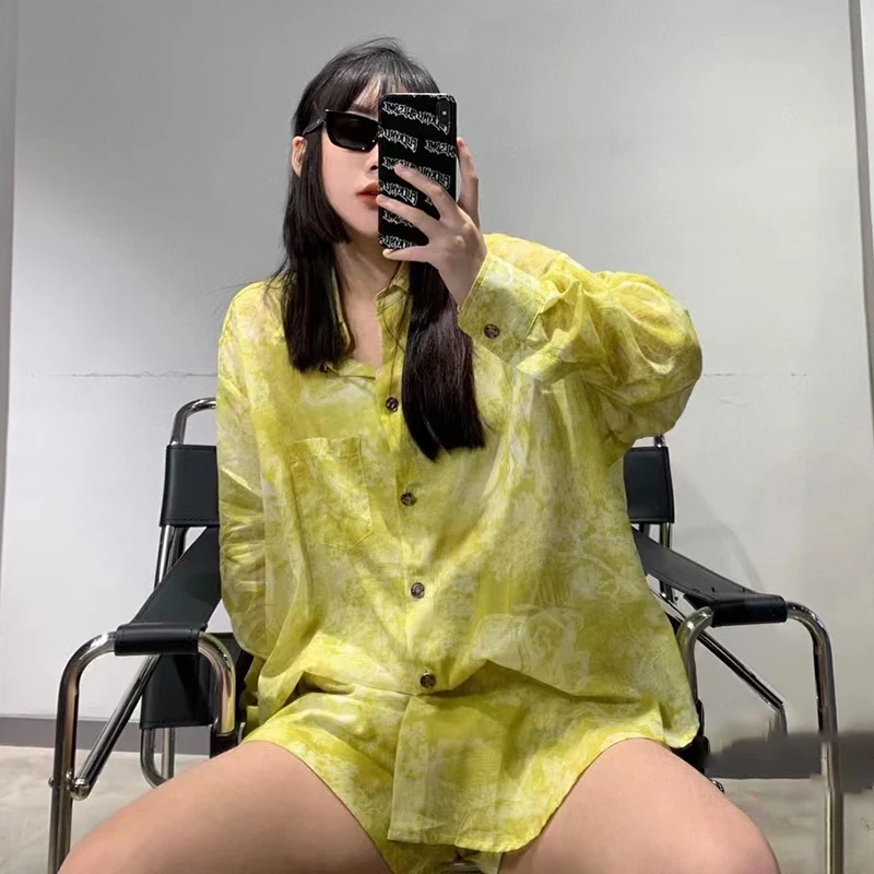 

GALCAUR Loose Two Piece Set For Women Lapel Collar Long Sleeve Shirt High Waist Loose Shorts Pants Print Sets Female 2021 Summer