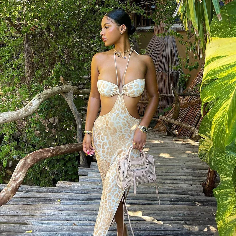 

Женское облегающее платье-миди без рукавов, с леопардовым принтом