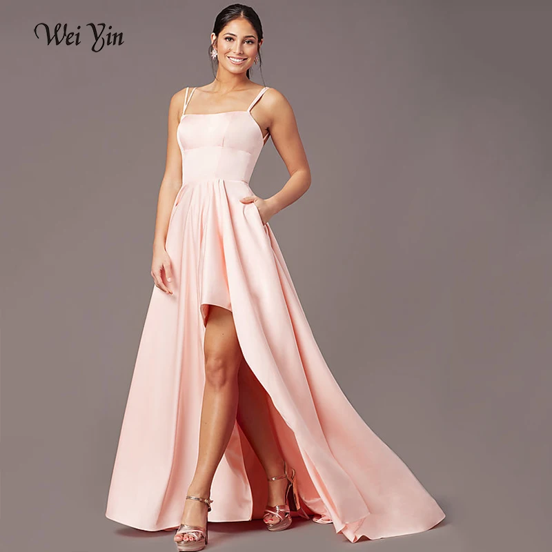 

Weiyin AE0518 Pink Satin Prom Dresses Backless Sleeveless A-Line Lace up Elegant Formal Dresses For Party Vestidos 2021