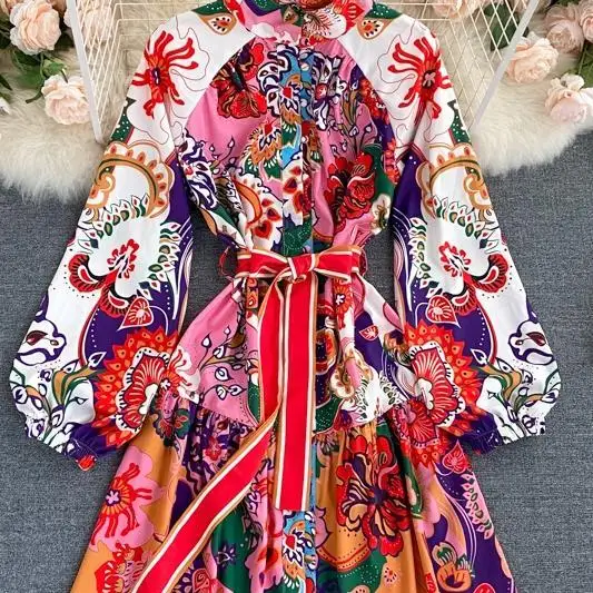 

Women Bohemian Print Dress O Collar Elegant Lady Holiday Dress