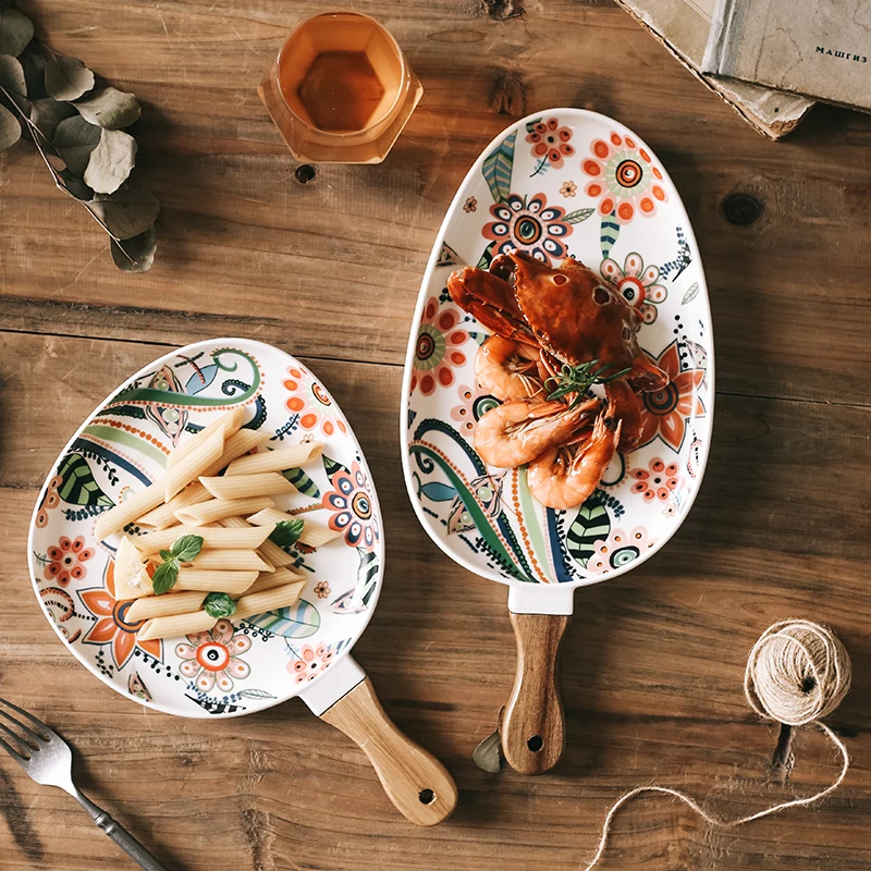 

Nordic Керамика обеденные тарелки блюда для бифштекса чайный поднос с деревянной ручкой рождественские тарелки для стейков домашний декор Ов...