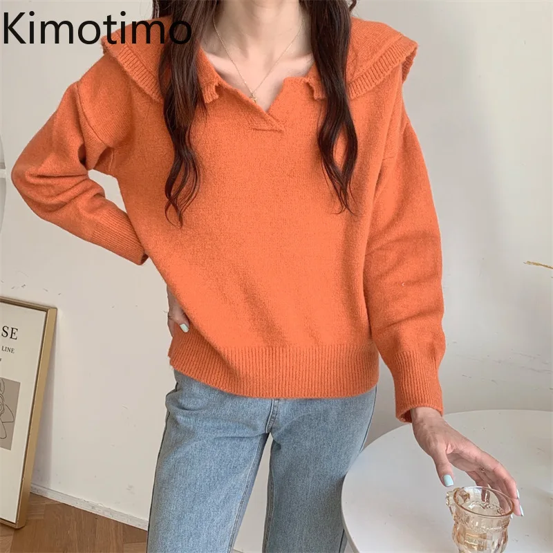 

Kimotimo Solid Pullover Autumn Sweater Women 2021 New Sailor Collar Vintage Knitted Tops Korean Chic Loose Long Sleeve Clothes