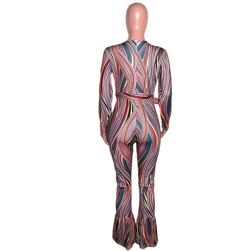 

Colorful Striped Jumpsuit Women Spring Fall Long Sleeve Romper Flare Pants Overalls Sashes Casual Sexy Party Nightclub Jumpsuits