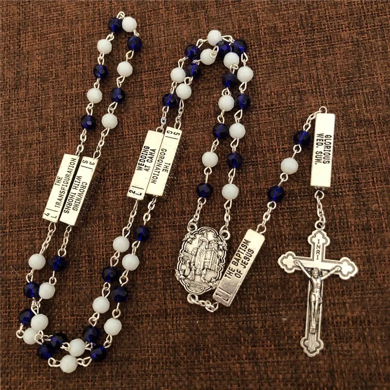 Католические голубые и белые стеклянные четки подвески ожерелья религиозный