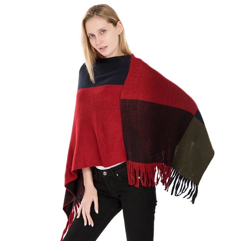 Autumn Winter Cashmere Head Cloak Scarve Women Fashion Large Square Patchwork Knit Warm Pashmina Shawls Wraps |