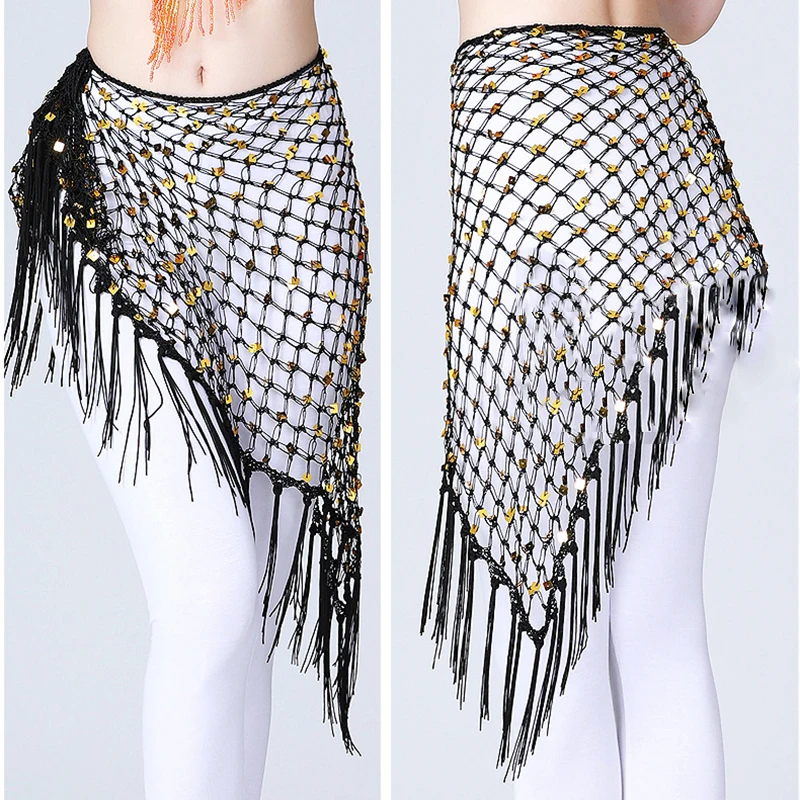 

15 Colors India Belly Dance Costume Accessories Long Tassel Belt Elastic Triangle of Hand Crochet Dancing Hip Scarf Sequins 2021