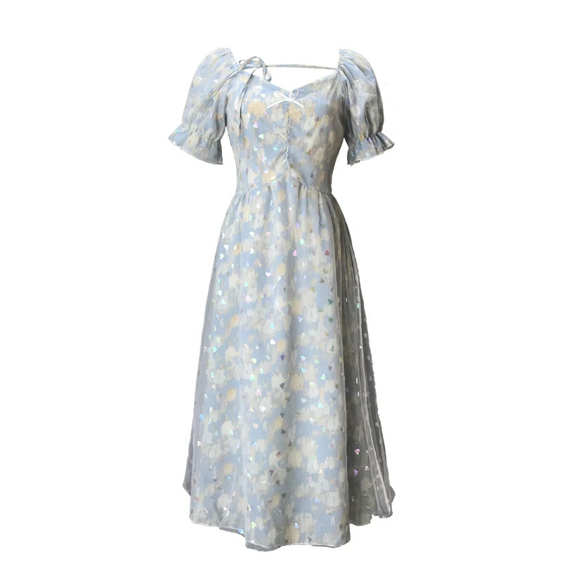 

Summer Light Blue Chiffon Fairy Dress Women Vintage Heart-Shaped Sequins Puff Sleeve Princess Dresses For Date Party Night