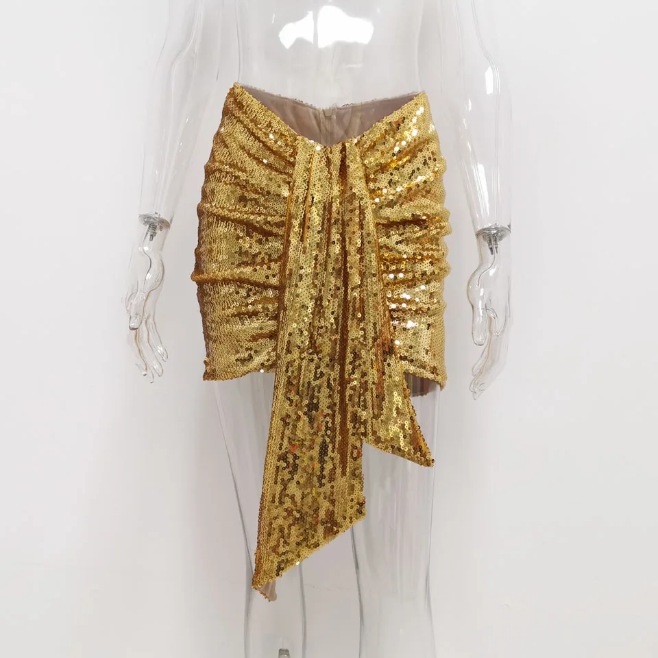 Gold Skirt Karlofea, новинка, элегантное платье с цветочным рисунком и блестками, для офиса, для девушек, для вечеринки, роскошное мини-платье, шикарное, боковое, с рюшами, с запахом, для клуба, Vestidos - Цвет: Gold Skirt