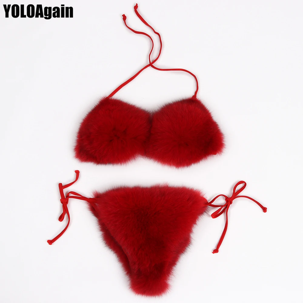 Женский бюстгальтер бикини YOLOAgain с натуральным мехом кролика из натурального