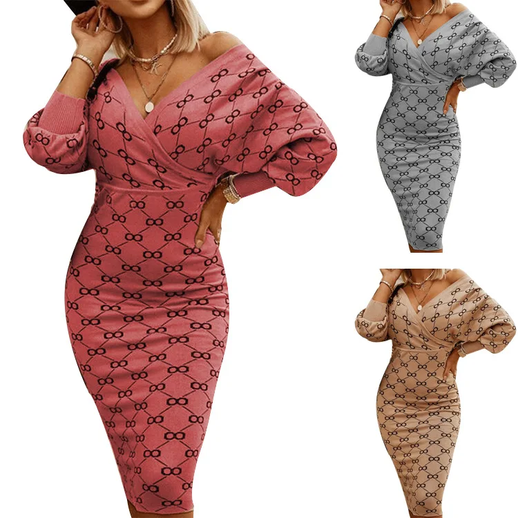 

Oluolin Women's Long Sleeve Sexy V-neck Check Print Cardigan One Step Dresses Fall/Winter Covered Hip Bodycon Elegant Midi Dress