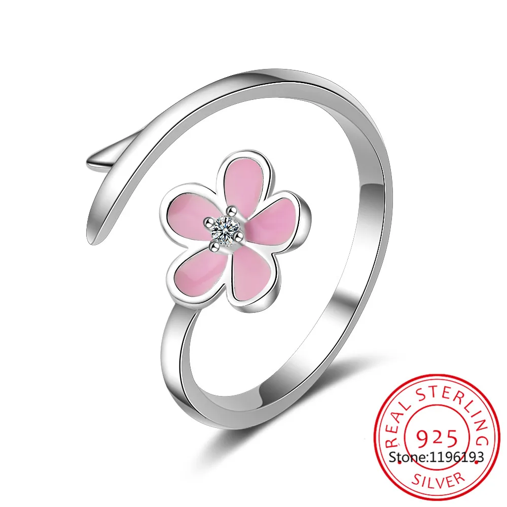 

925 Sterling Silver Pink Cherry Blossom Opening Ring Enamel Flower Adjustable Ring for Women Pave Setting CZ Fine Jewelry BSR438