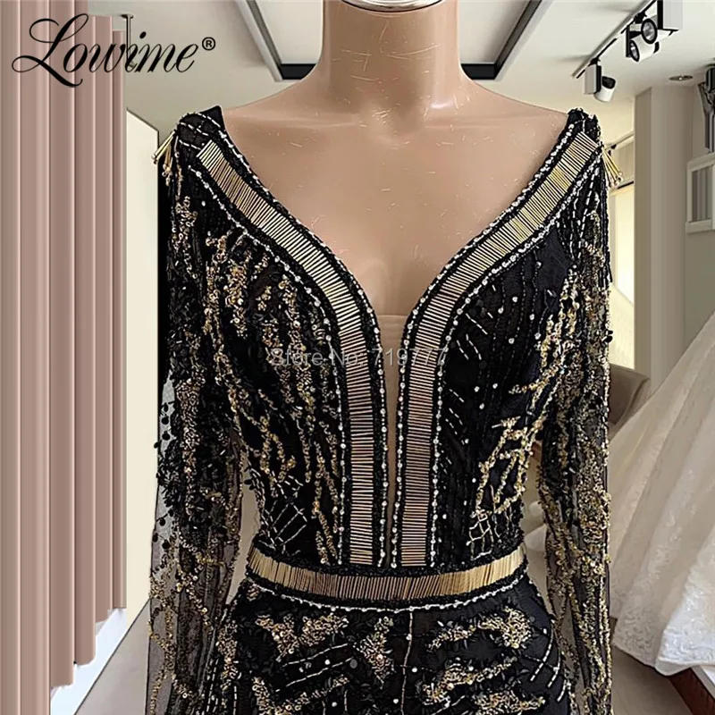 Black Middle East V Neck Long Sleeves Muslim Evening Dresses 2020 Saudi Arabia Formal Prom Dresses Red Carpet Runway Gowns Robes