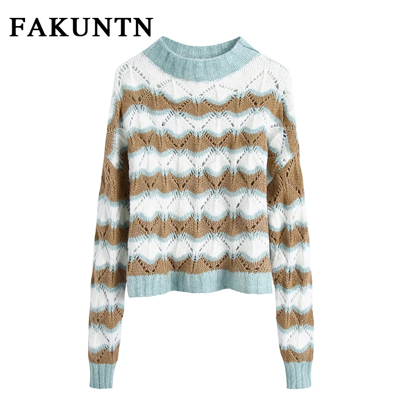 

Свитер, пуловер, Женский вязаный Топ с длинным рукавом, модный вязаный пуловер с волнистыми полосками и прострочкой, женский свитер, 2020