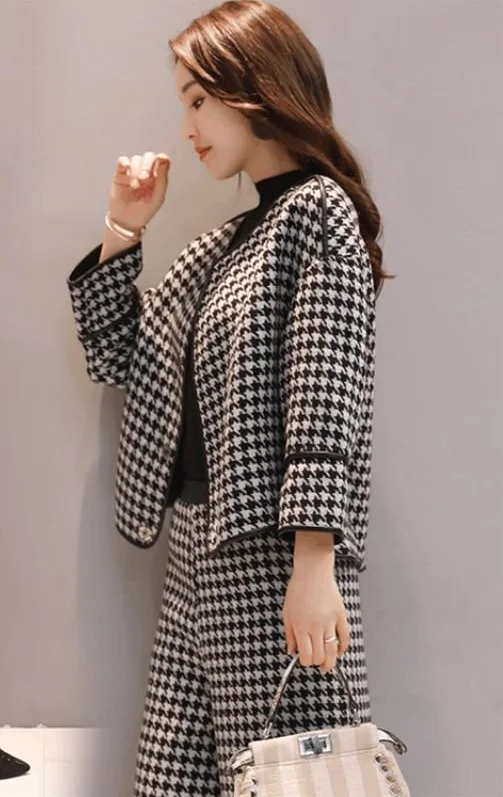 

Fashion Suit female new female autumn houndstooth woolen coat short wide leg pants two-piece female casual female fashion