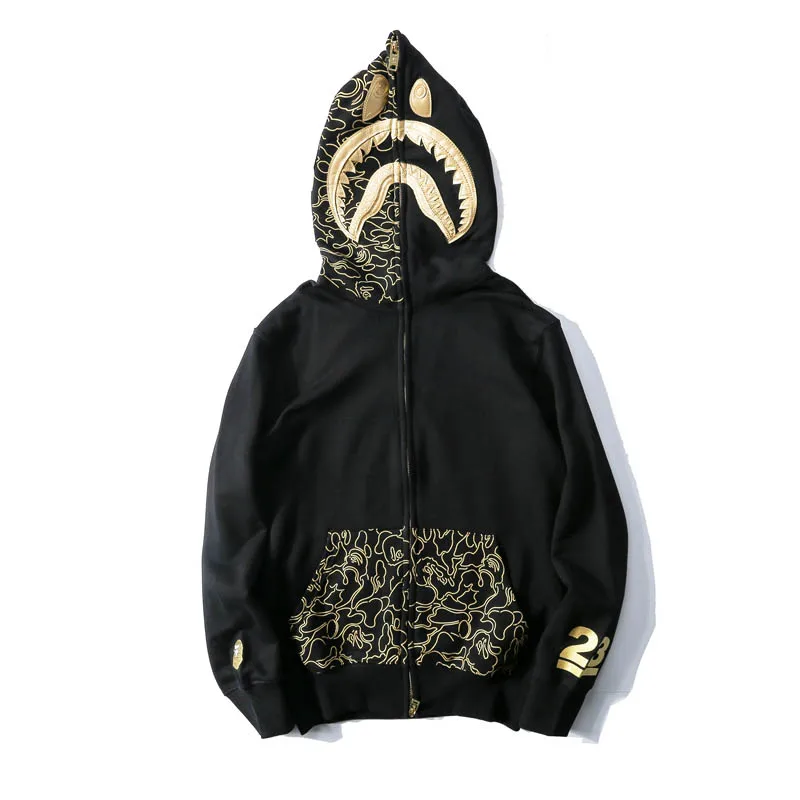 

Sweatshirts warm Hoodies 2021 Winter Black gold embroidered shark head pocket printed sweater coat Pullover Hooded Sweater