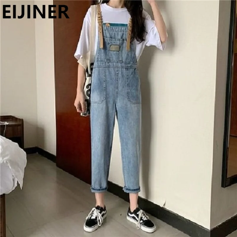

High Waist Straight Denim Overalls Jeans Women's 2021 Spring Korean Fashion Casual Baggy Distressed Plus Size Patchwork Jeans