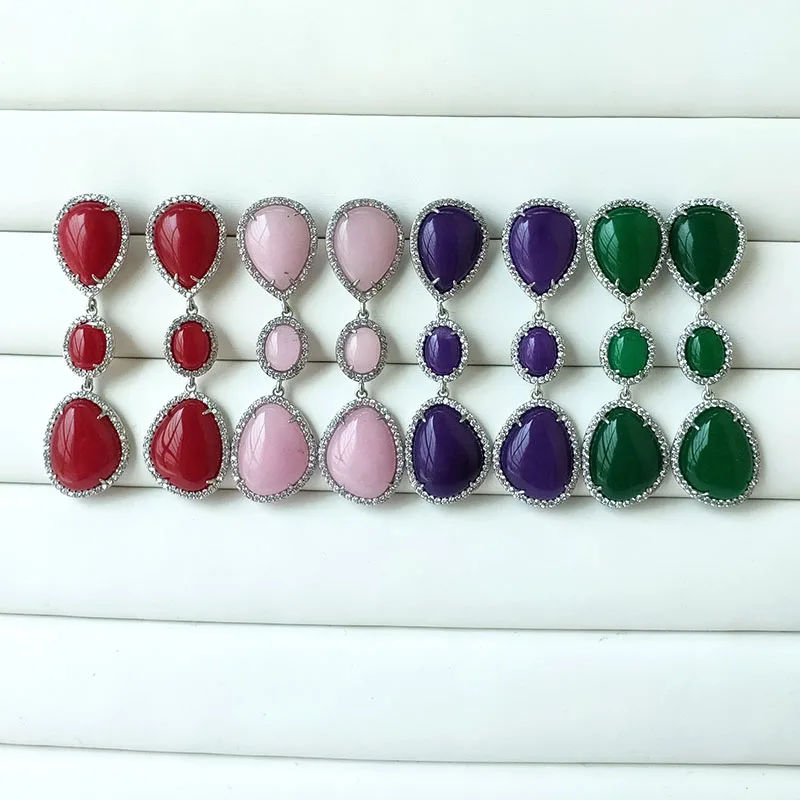 

4pairs micro pave CZ Natural Stone Water Drop Earrings Gem stone Charm Fashion Jewelry Women dangle Earring Xmas gift E1023