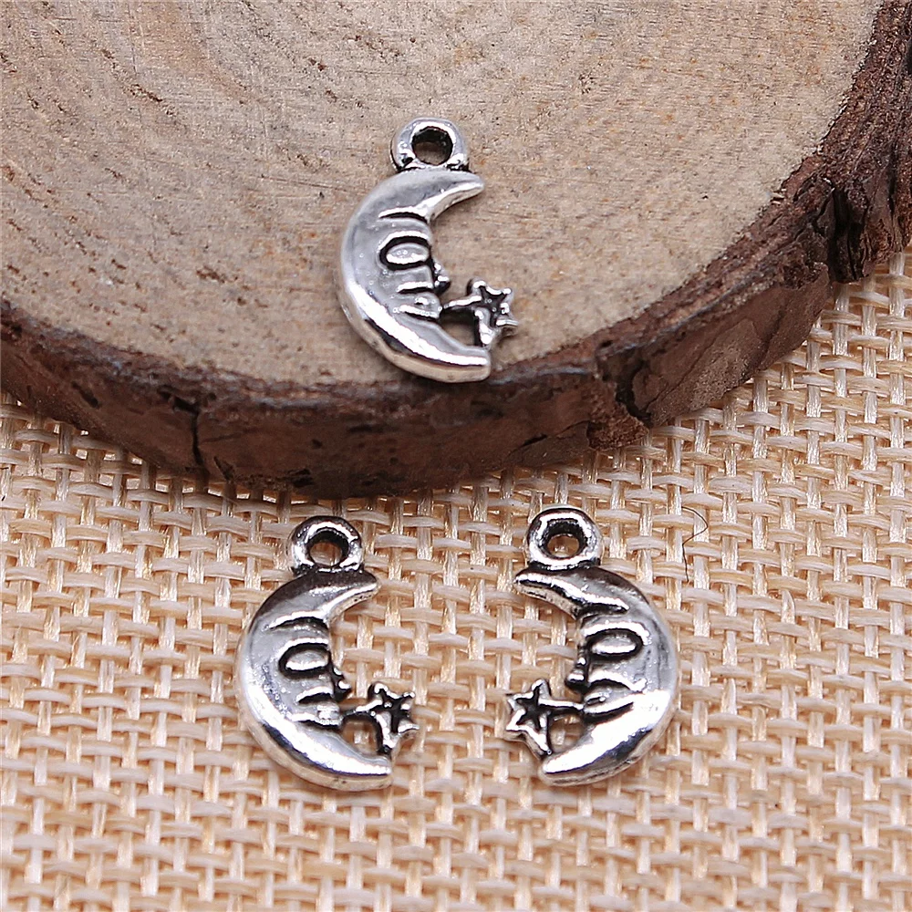 

92pcs 14x8mm antique silver Double-sided moon and stars charms diy retro jewelry fit Earring keychain hair card pendant