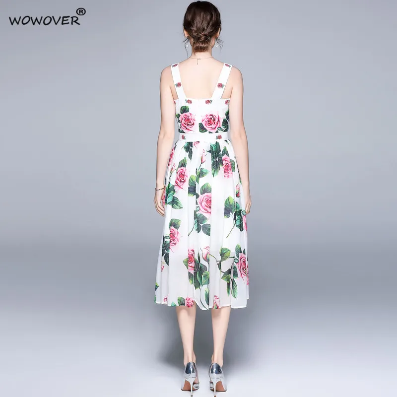 

Runway Fashion Summer Strap Dress Floral Print Festa Women High Quality Designers Sexy Party Robe Femme Mid Calf Vestidos