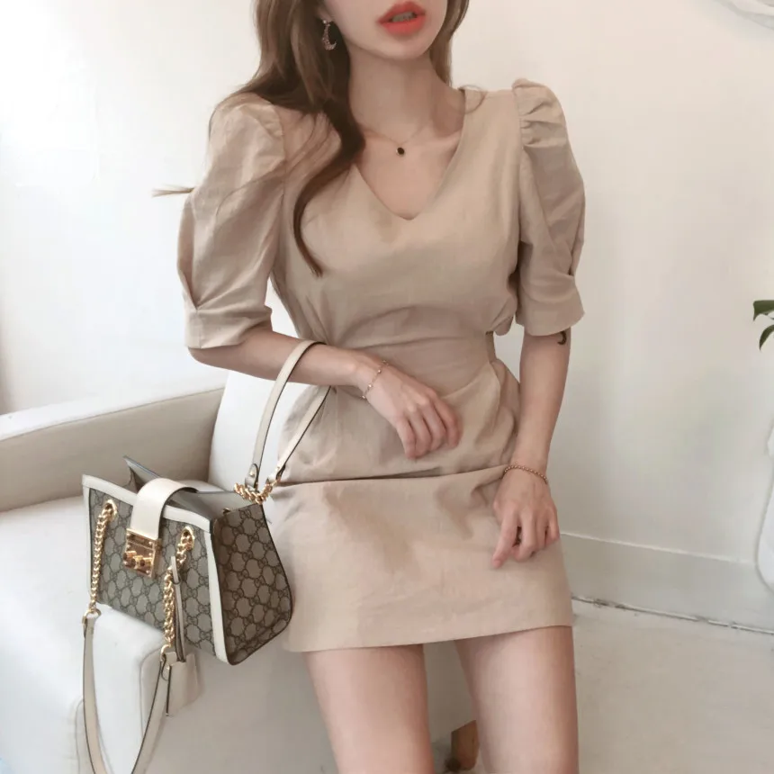 

V-neck solid color dress puff short sleeve mini pink yellow elegant summer 2021 short robe party office dresses Korean style