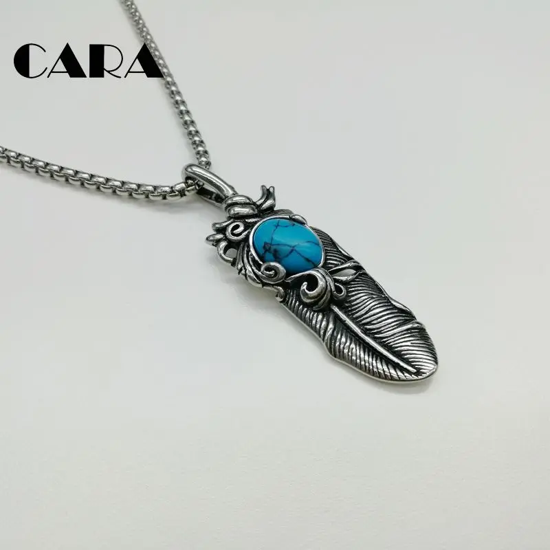 

New Fashion Jewelry Choker Men Necklace Vintage Men 316L stainless steel Feather Pendants Necklace Natural Stone Charms