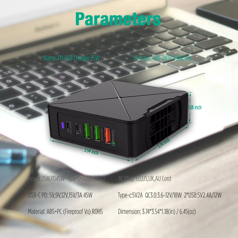 С несколькими usb-портами зарядное устройство 75 Вт PD USB-C 45 Вт быстрозарядная станция для iPhone 8 X Macbook samsung S10 Quick Charge 3,0 type C адаптер