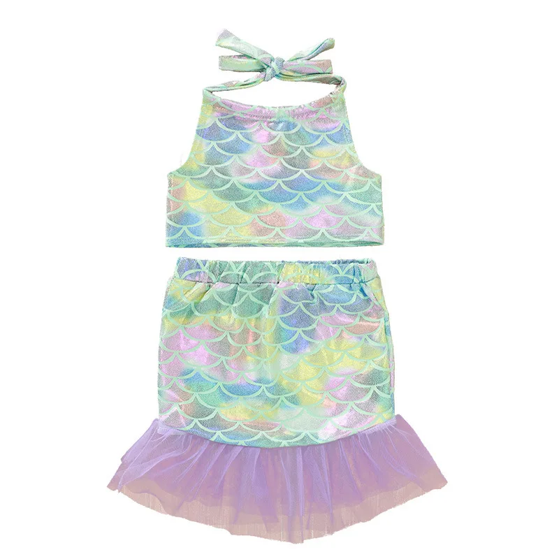 

malapina 2020 Summer Toddler Newborn Baby Girls Outfits Mermaid Clothes Set Hanging Neck Sleeveless Top+Skirt Costume
