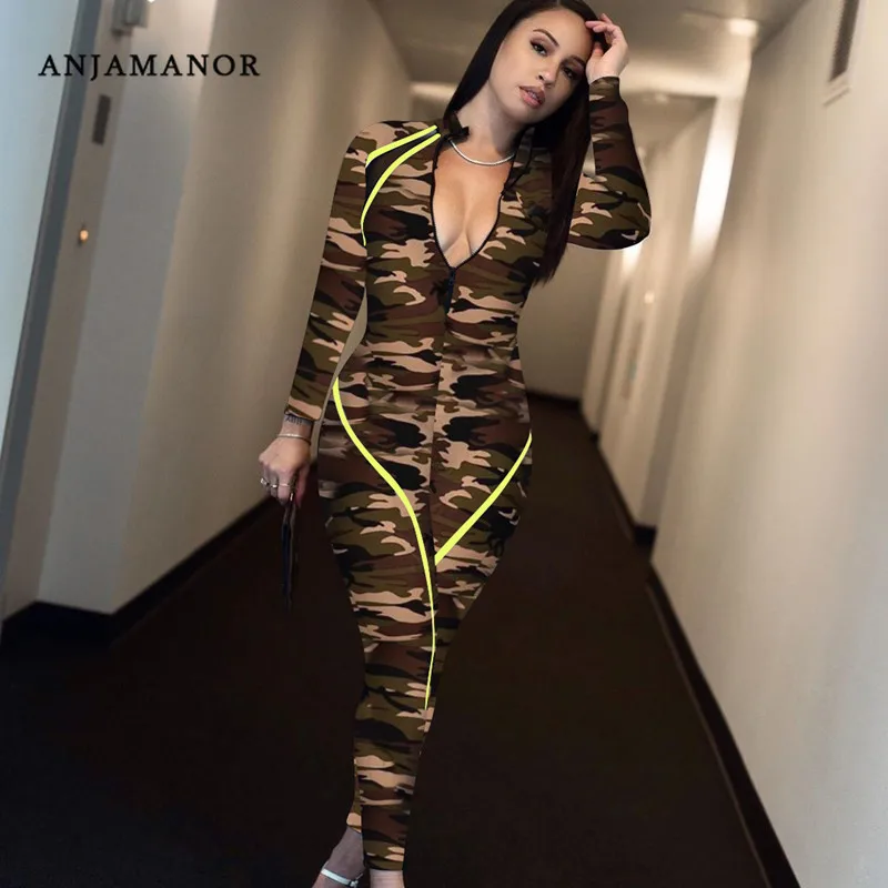 ANJAMANOR зеленый камуфляж передняя молния с длинным рукавом Bodycon комбинезон для