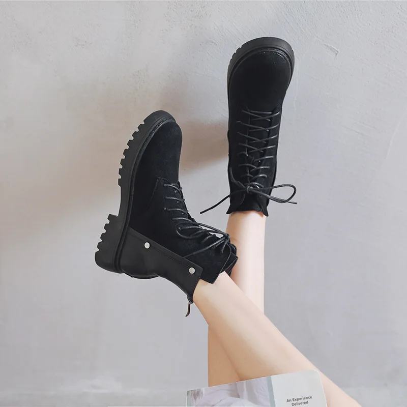 

2019 Autumn New Flock Shoes Women Martin Boots Black British Style Cross-tied Brand botas mujer Lady footware Female Ankle Boots