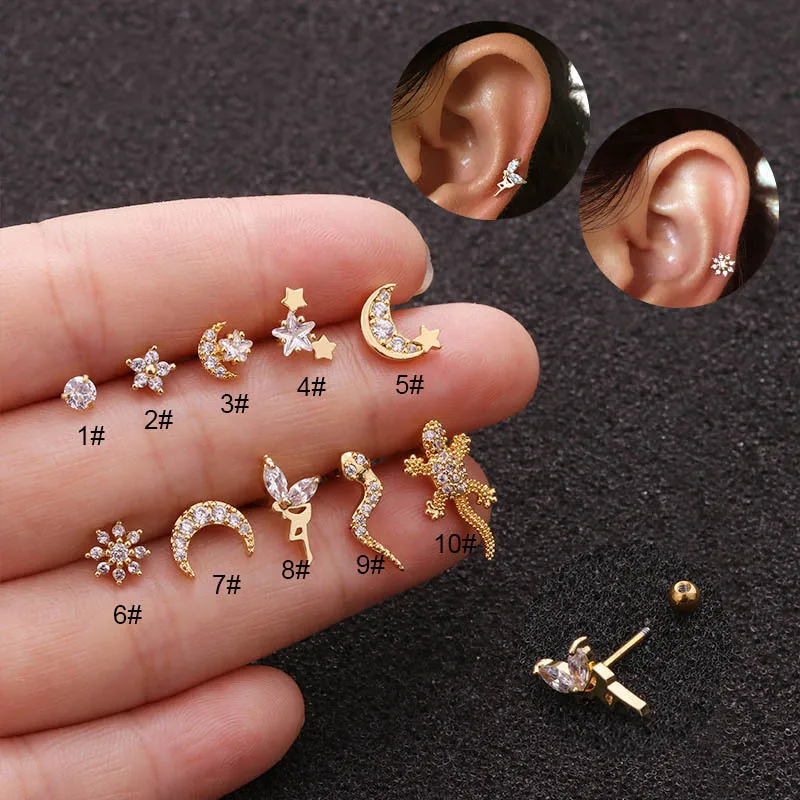 

316L Stainless Steel Piercing Stud Earrings Inner Threaded Zircon Helix Tragus Cartilage Dangle Earrings Body Puncture Jewelry