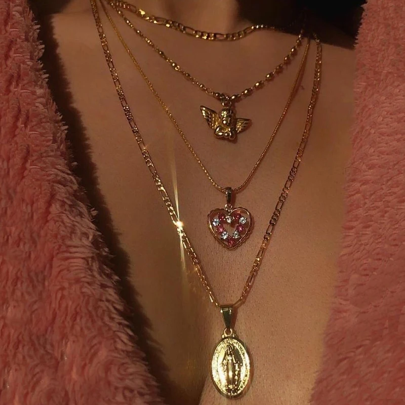 Gold Женское Ожерелье s Angel Heart розовый кристалл Девы Мэри подвеска цепочка на ключице многослойный набор золотого ожерелья Подарочные украшения для помолвки - Окраска металла: Gold